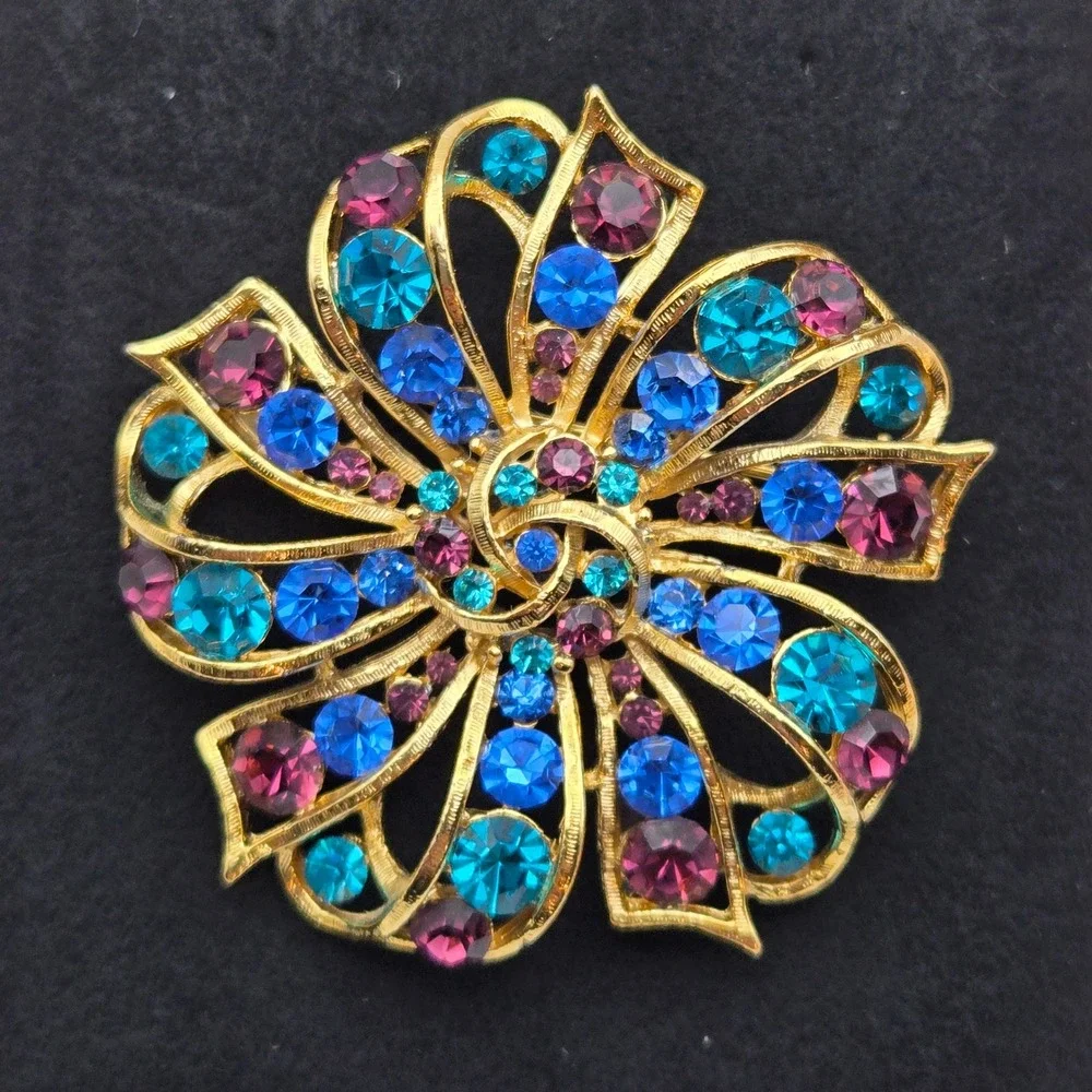 M Jent Multicolor Rhinestone Brooch Gold Tone Large Statement Pin Vintage